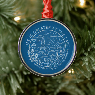 Life is Greater at the Lake – White and Blue Metal Ornament