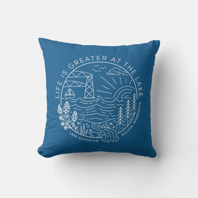 Life is Greater at the Lake – White and Blue Throw Pillow (Front)