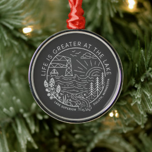 Life is Greater at the Lake – White and Gray Metal Ornament