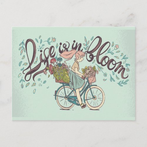 LIFE IS IN BLOOM GIRL RIDING A BYCICLE SPRING  POSTCARD
