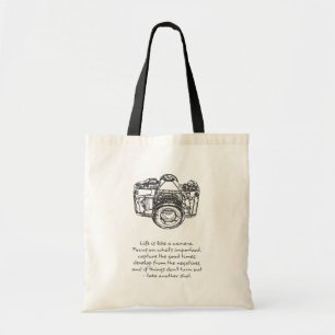 Life is like a camera quote, Black and White Tote Bag