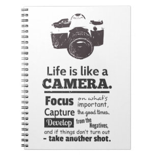 Life is like a camera quote, Black Grunge Notebook