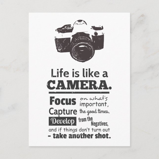 Life is like a camera quote, Black Grunge Postcard (Front)
