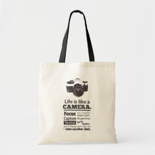 Life is like a camera quote, Black Grunge Tote Bag