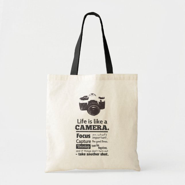Life is like a camera quote, Black Grunge Tote Bag (Front)