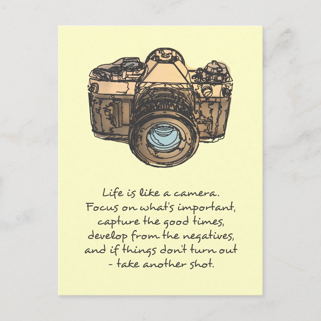 Life is like a camera quote, indie postcard Zazzle