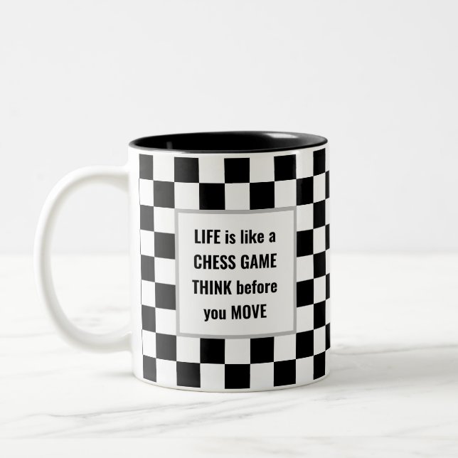 Life is Like a Chess Game Text on Black & White Two-Tone Coffee Mug (Left)