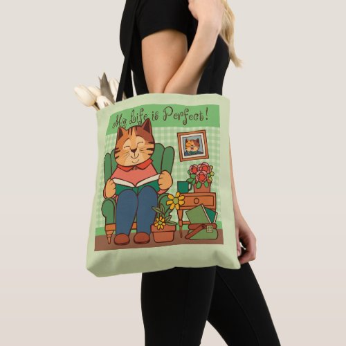 LIfe is Perfect Cat Reading Book Tote Bag