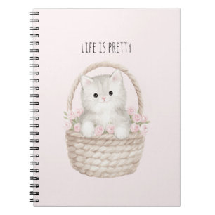 Life is Pretty Kitty in a Basket Blush Pink Roses Notebook