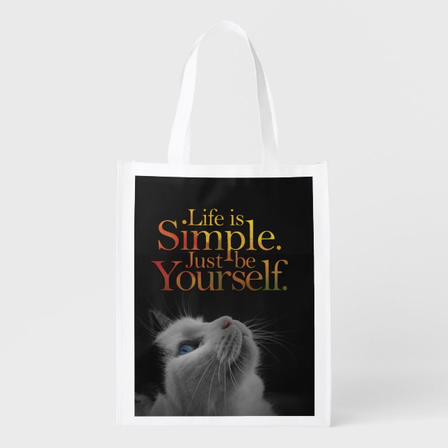 Life Is Simple Black Cat Inspirational Quote Reusable Grocery Bag (Front)