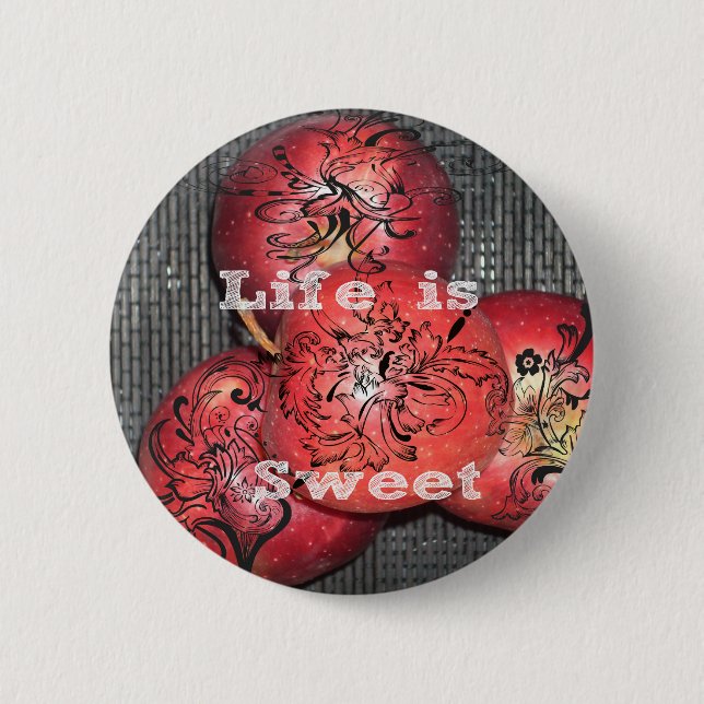 Life is Sweet: Apple and Floral Motif Design Button (Front)