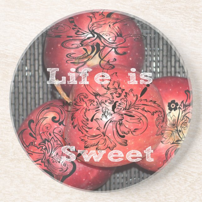 Life is Sweet: Apple and Floral Motif Design Drink Coaster (Front)