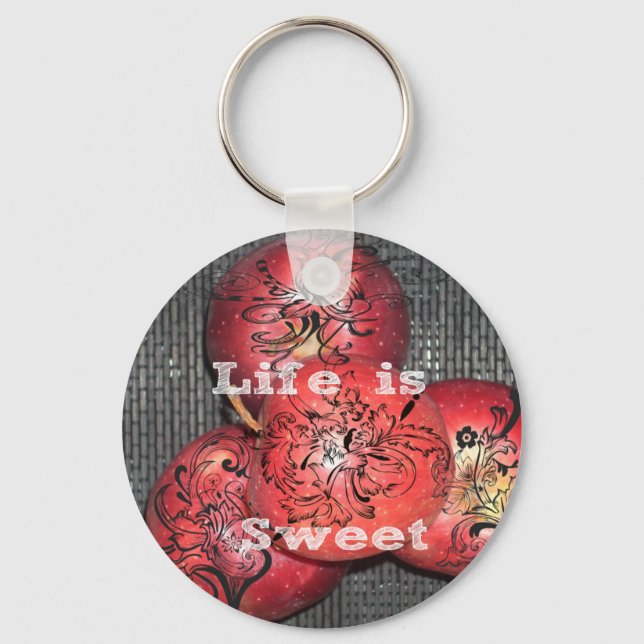 Life is Sweet: Apple and Floral Motif Design Keychain (Front)