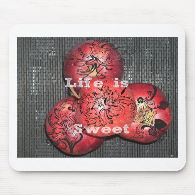 Life is Sweet: Apple and Floral Motif Design Mouse Pad (Front)