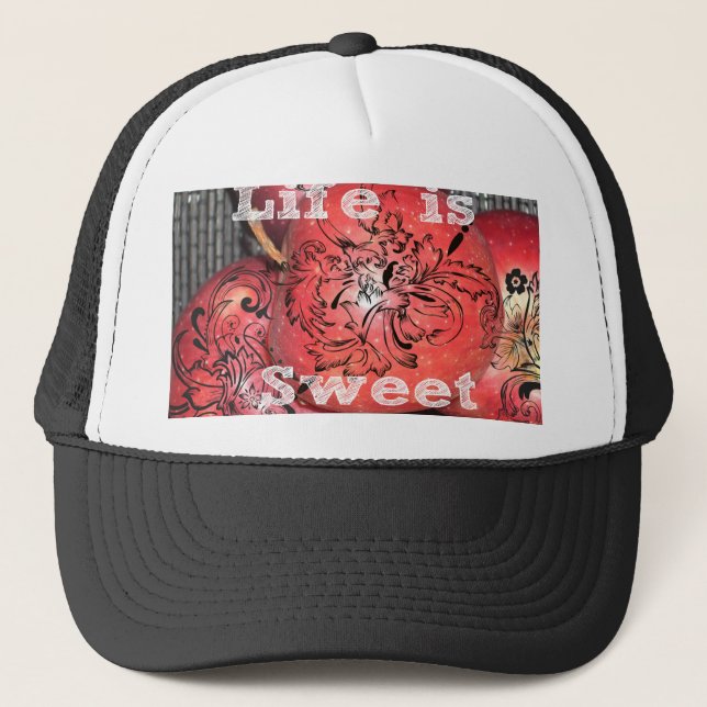 Life is Sweet: Apple and Floral Motif Design Trucker Hat (Front)