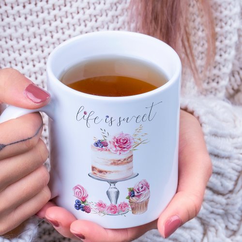 Life is Sweet Blush Pink Watercolor Cake Two_Tone Coffee Mug