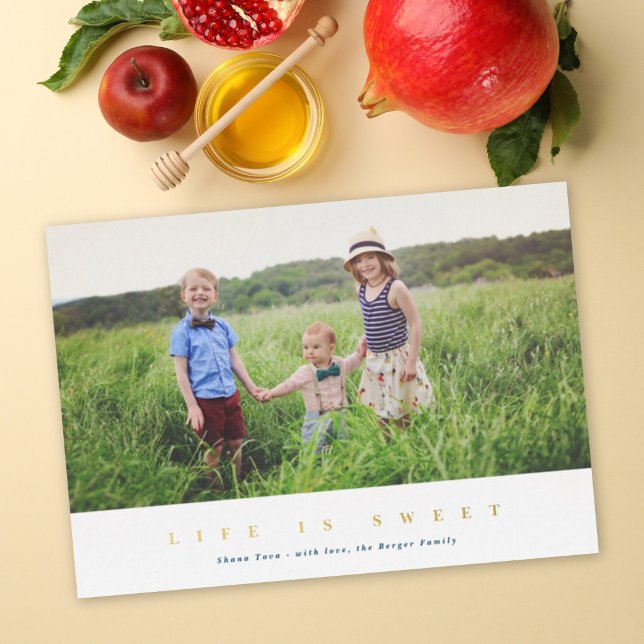 Life Is Sweet Modern Jewish New Year Photo Foil Holiday Card (Creator Uploaded)