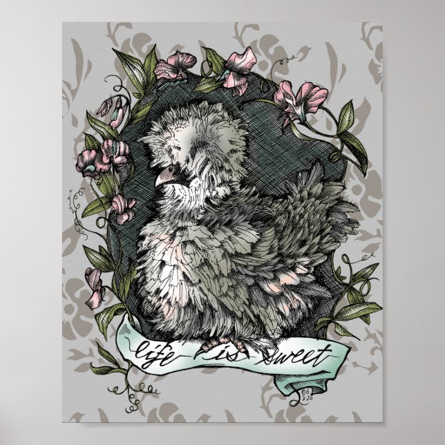 Life is Sweet (Silkie Hen & Sweet Peas), Taupe Poster (Front)