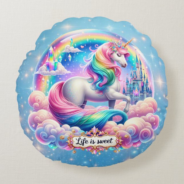 Life Is Sweet Unicorn Rainbow Castle Pillow Gift (Front)