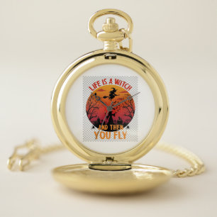 Life Is Witch Then You Fly Halloween Graveyard Bat Pocket Watch