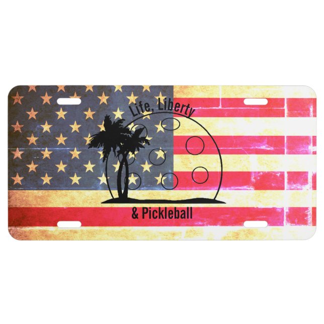 Life Liberty & Pickleball American Flag License Plate (Front)