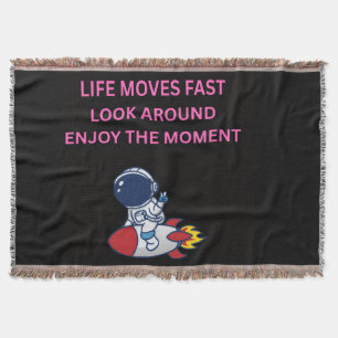 Life Moves Fast Astronaut Rocket Black Throw Blank Blanket
