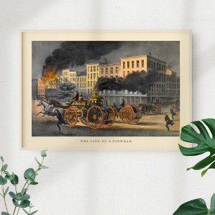 Life of a Fireman Vintage 1860s Lithograph Poster