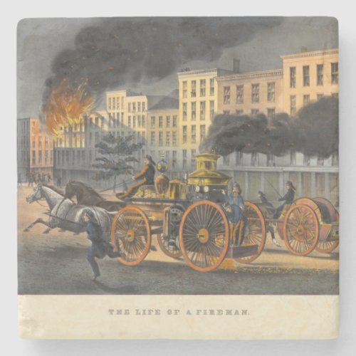 Life of a Fireman Vintage 1860s Lithograph Stone Coaster