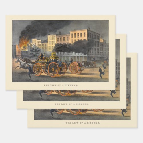 Life of a Fireman Vintage 1860s Lithograph Wrapping Paper Sheets