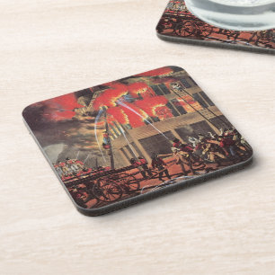 Life of a Fireman, Vintage Firemen Fighting a Fire Beverage Coaster