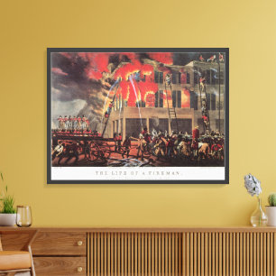 Life of a Fireman, Vintage Firemen Fighting a Fire Canvas Print