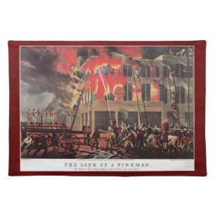 Life of a Fireman, Vintage Firemen Fighting a Fire Cloth Placemat