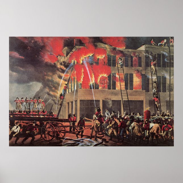 Life of a Fireman, Vintage Firemen Fighting a Fire Poster (Front)