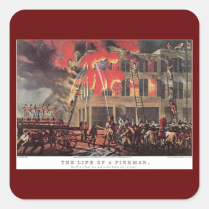 Life of a Fireman, Vintage Firemen Fighting a Fire Square Sticker