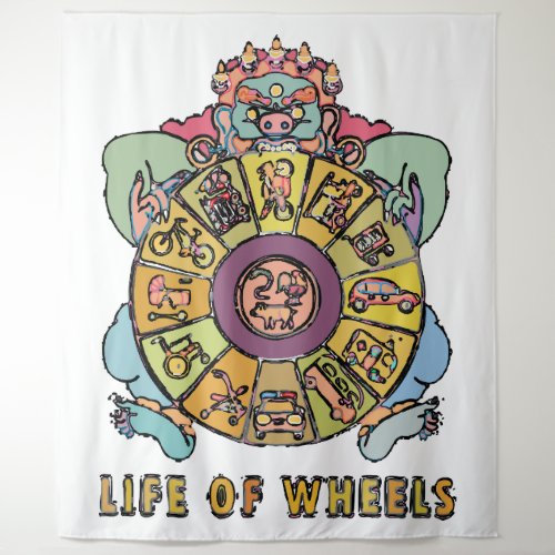Life of wheels tapestry