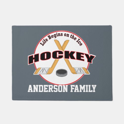 Life on Ice Hockey Sticks and Puck Family Name Doormat
