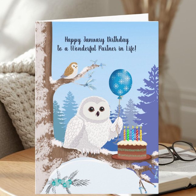 Life Partner Happy January Birthday Snowy Owl Card (Creator Uploaded)