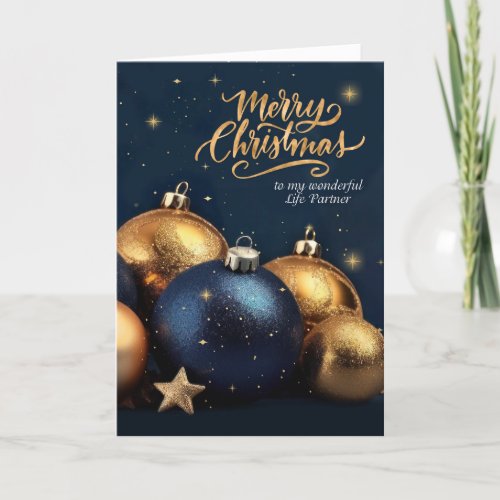 Life Partner Navy Blue Gold Ornaments Christmas Holiday Card