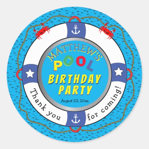 Life Preserver Boy Birthday Pool Party Classic Round Sticker