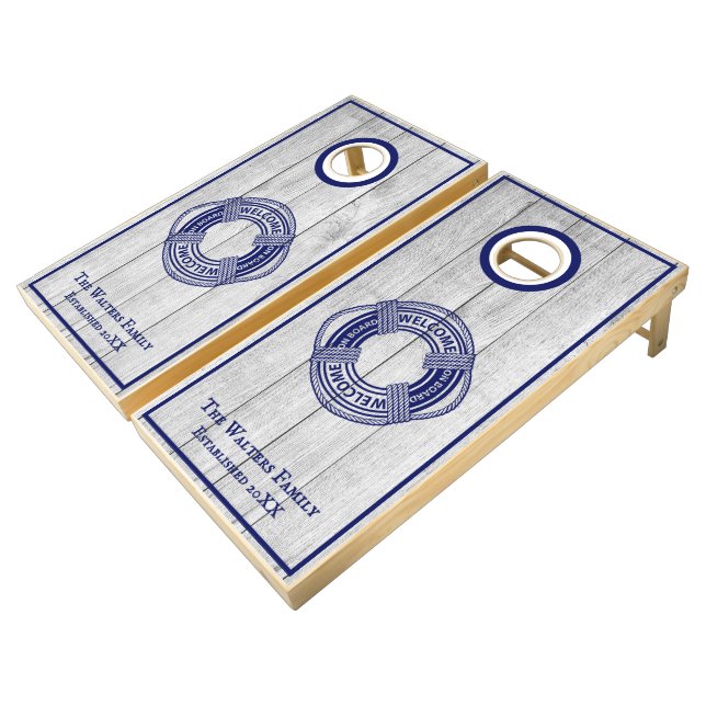 Life Preserver Family Name Estd White Wood BG Cornhole Set (Angled)