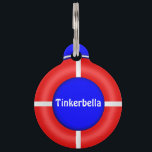 Life Ring Custom Pet Tag<br><div class="desc">A bright orange life preserver on a blue background,  with your pet's name in white in the center.  Phone number on reverse.</div>