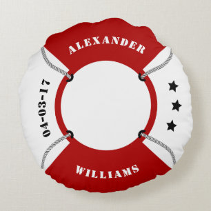 Life Ring, Lifebuoy, Red and White Nautical Round Pillow