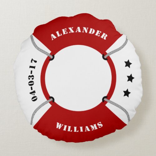 Life Ring Lifebuoy Red and White Nautical Round Pillow