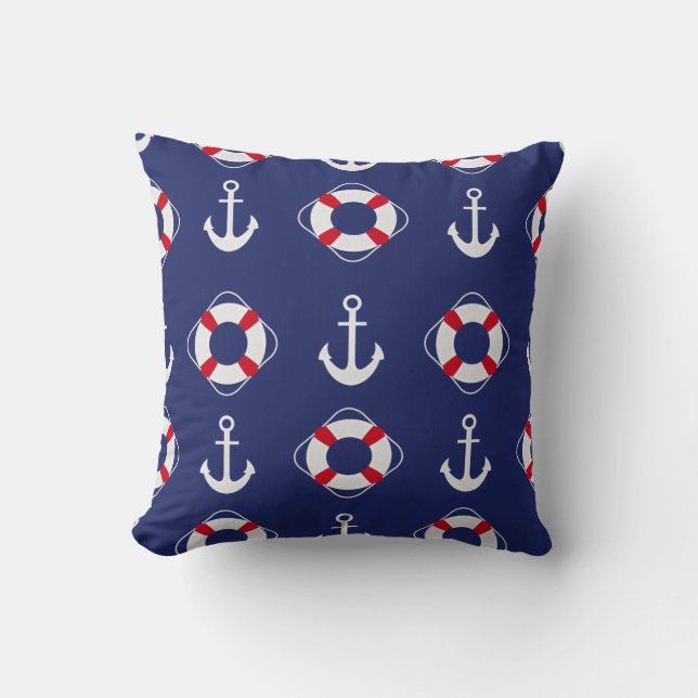 Life Savers & Anchors Nautical Pattern Throw Pillow (Front)
