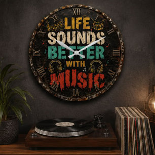 Life Sounds Better with Music Vintage Rustic Large Clock