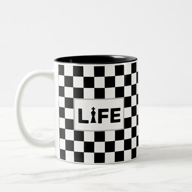 Life Text on Black & White Chess Two-Tone Coffee Mug (Left)