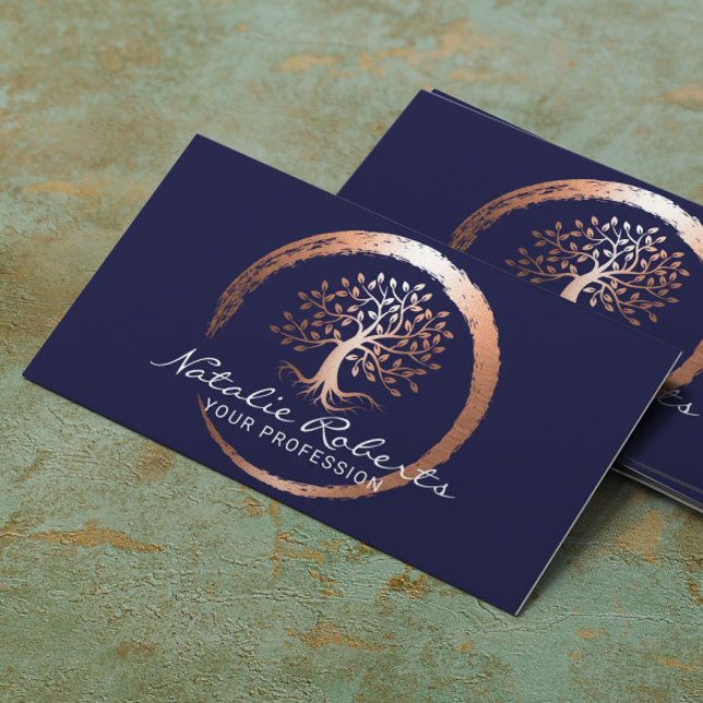 Life Tree Gold Circle Yoga Wellness Spa Navy Blue Business Card (Creator Uploaded)