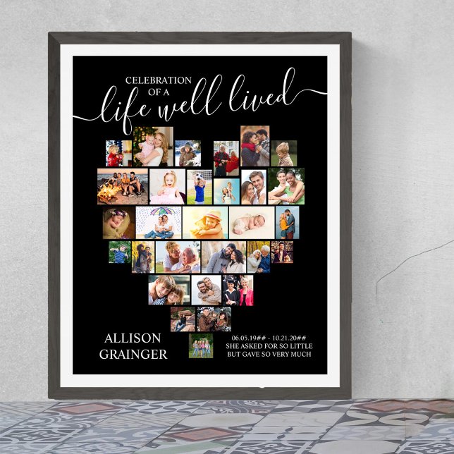 Life Well Lived Heart Photo Custom Funeral Poster (Funeral memorial poster to order professionally printed or as a printable digital download)