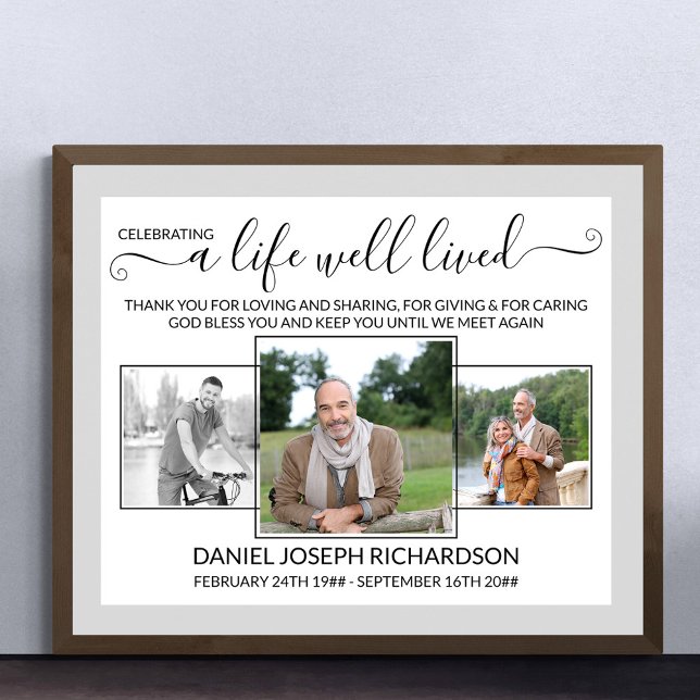Life Well Lived Memorial Verse Photo Collage Poster (Funeral memorial poster to order professionally printed or as a printable digital download)