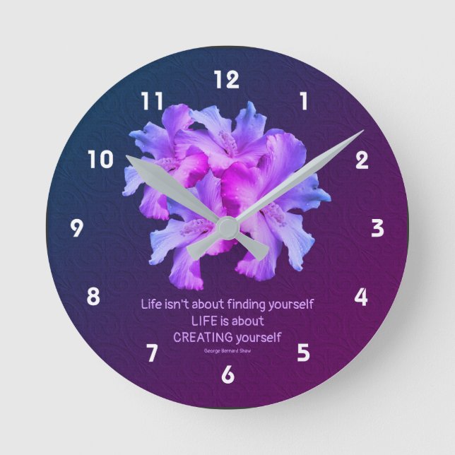 Life White Hibiscus Flowers Inspirational Round Clock (Front)